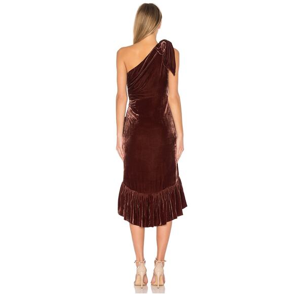 Ulla Johnson x Revolve 2 Elisa Velvet Ruffle Midi Dress One Shoulder Bow Brown - Picture 6 of 10